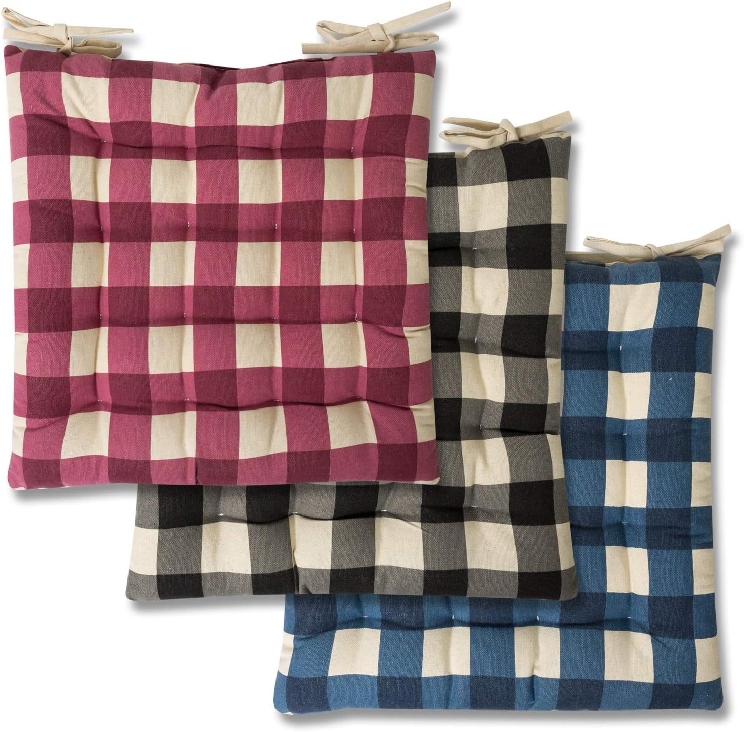 Sweet Home Collection Chair Cushion Seat Pads Indoor/Outdoor Printed Tufted Design Soft and Comfortable Covers for Dining Rooms Patio with Ties for Non Slip, 6 Pack, Buffalo Check Black 6 Count: Home & Kitchen