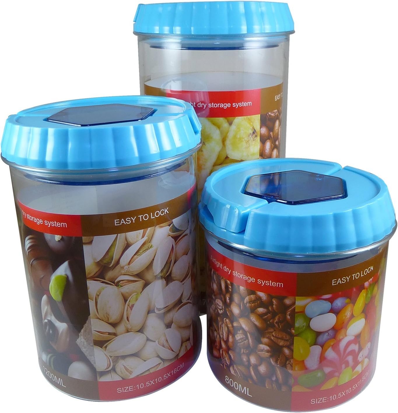 Kitchen Canisters (Set of 3, Light Blue) Decorative Food Storage Jars for Counter or Pantry - Colorful Lids Make Airtight Containers for Coffee, Tea, Sugar or Flour - BPA Free