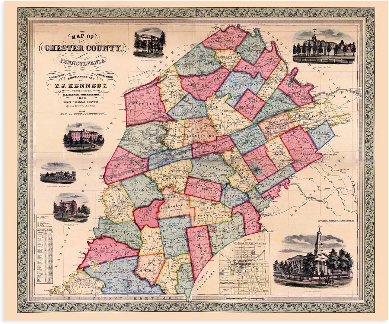1856 Chester County Pennsylvania Map Vintage Chester County Wall Art