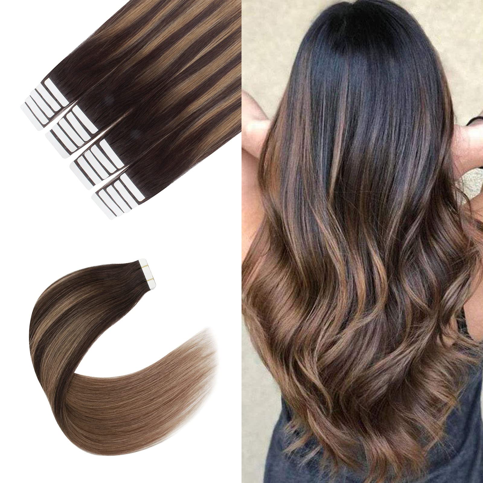 Sixstarhair Tape In Human Hair Extensions Balayage Tape in Extensions Dark Brown Fading to Chestnut Brown Remy Human Hair Ombre Hair Extensions and Piano Colors [Color B2-6 22inch]