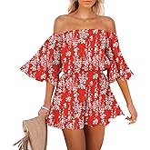 Fixmatti Women Boho Summer Romper Casual Floral Print Off Shoulder Strapless Shorts Jumpsuits