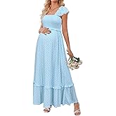 OUGES Womens 2026 Summer Maternity Photoshoot Dress Boho Maxi Smocked Baby Shower Dress Ruffle Sleeve Maternity Clothes