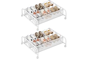 FKUO 2 Tier Shoe Rack Underbed Organizer Storage Rack with Wheels Woven Mesh Cloth Shoe Organizer Drawer Space Saving for Bedroom (White, 2 Pack)