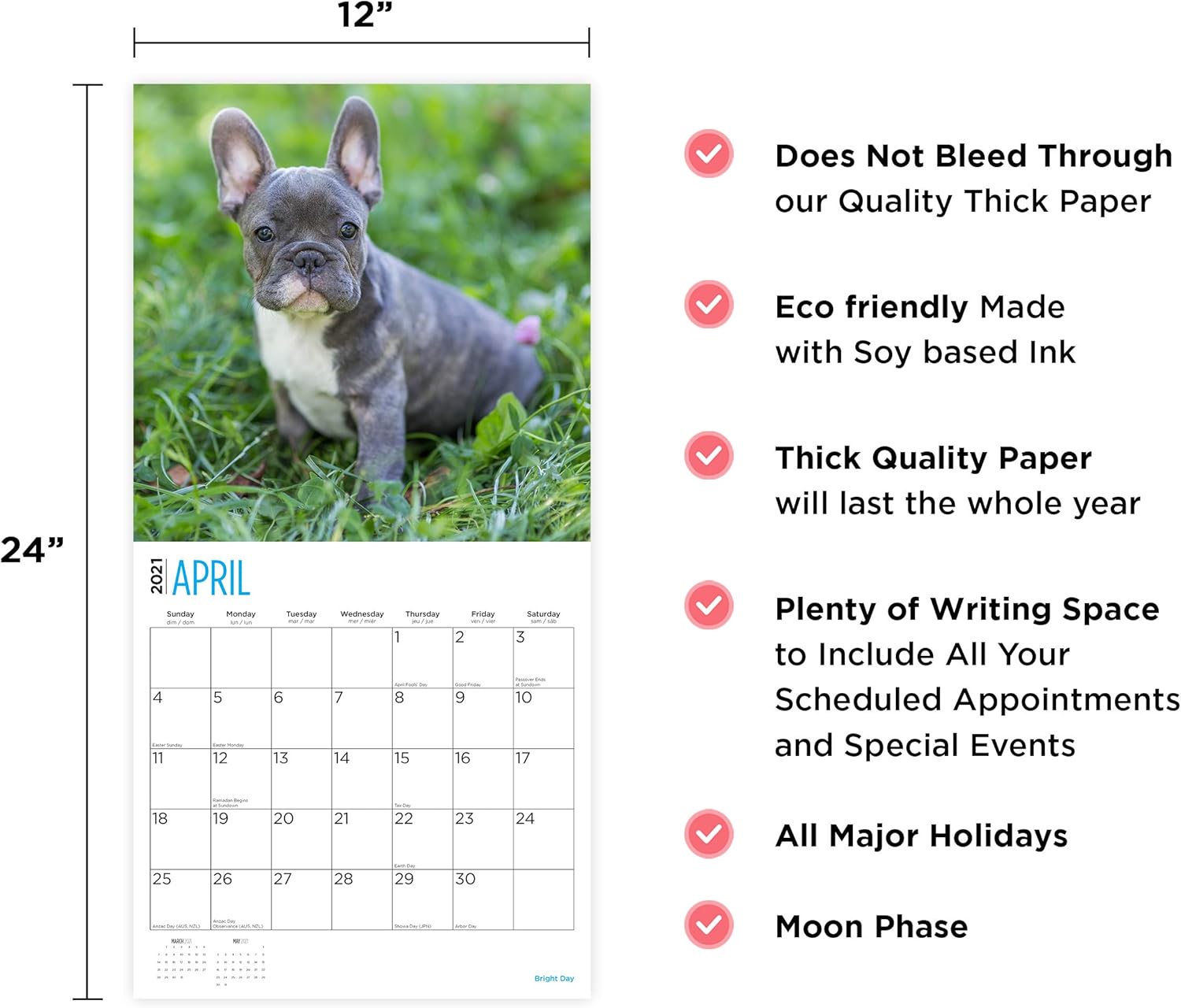 Amazon Bright Day Calendars 21フレンチブルドッグ子犬壁カレンダー 12 X 12インチ かわいい犬 アダルトカレンダー 文房具 オフィス用品