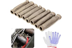 URMECCH 8PCS Titanium Spark Plug Wire Boots Heat Shield Protector Sleeve Cover for BBC SBC 350 454, 1200 Degree Fahrenheit Heat Shield Cover Wrap with a Pair Gloves for Car Truck