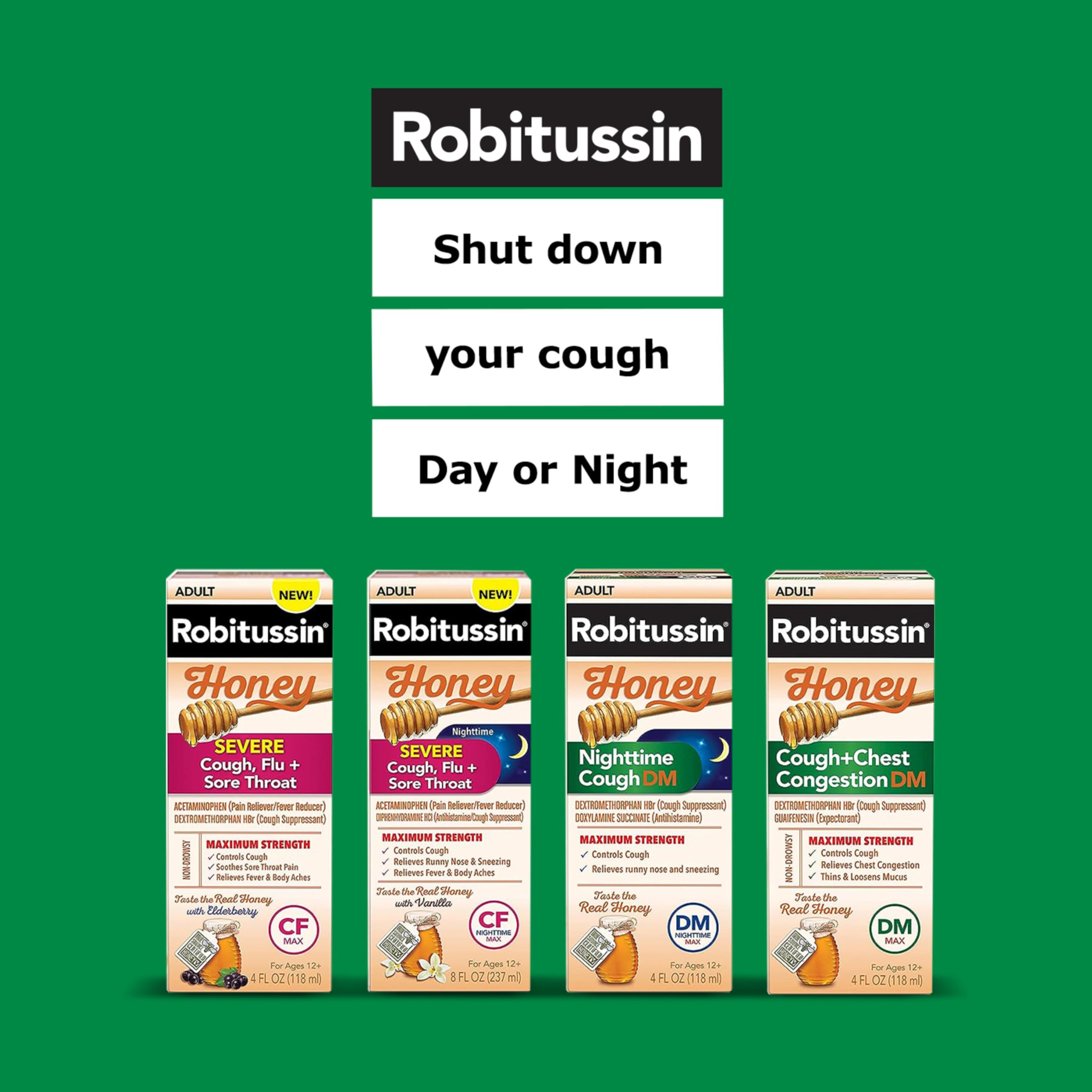 Robitussin Honey Nighttime Cough DM Max - Controls Cough, Runny Nose and Sneezing - Adult Formula, 4 Fl Oz