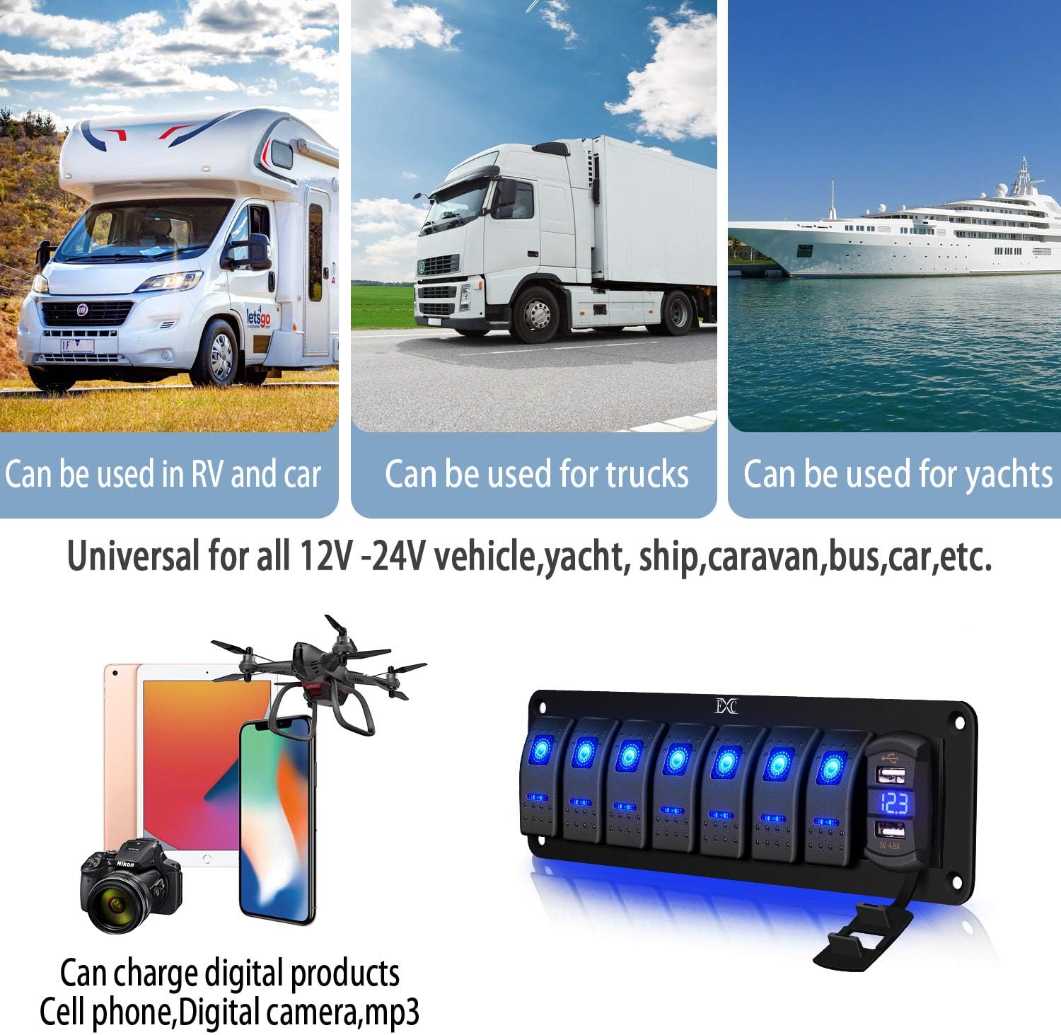 Purishion 7 Gang Rocker Switch Aluminum Panel with Voltmeter & Dual USB(4.8 Amps) Fast Charging, Blue Backlit Led, Pre-Wired IP65 Waterproof for Marine, Boat, Car, Truck, Polaris, Jeep (Blue): Automotive