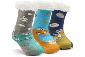 Boys Warm Fuzzy Socks for Kids Boys Winter Fluffy Socks Thick Thermal Floor Socks with Grips for Home 3 Pack