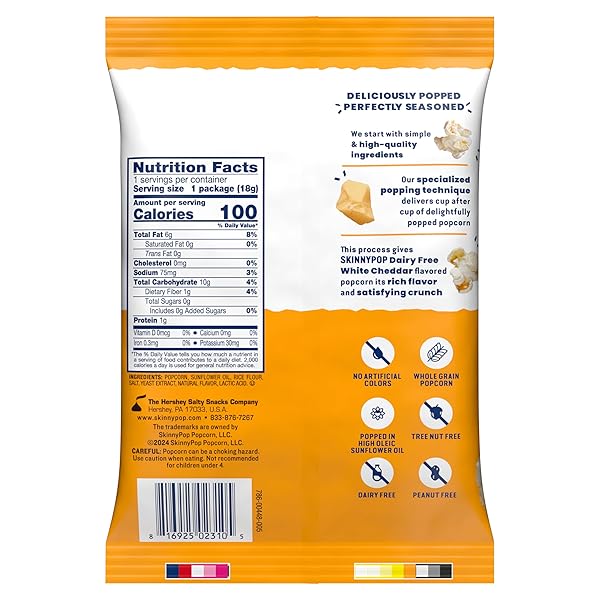 SKINNYPOP POPCORN, WHITE CHEDDAR, WHOLE GRAIN, DAIRY-FREE SNACK, 0.65OZ BAGS (6CT)