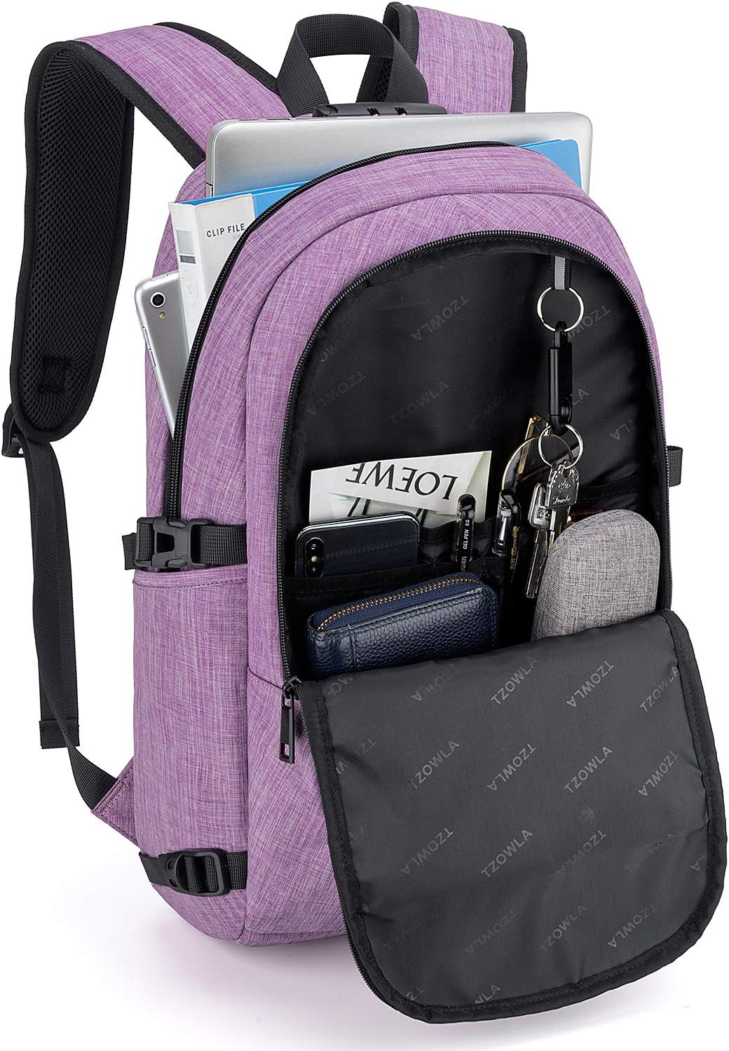 Tzowla Laptop Travel Backpack Mens Womens Water Resistant Anti-Theft Bag with USB Charging Port and Lock 15.6 Inch Computer Business Backpacks for School Work College Gift,Casual Daypack-Purple - Image 3