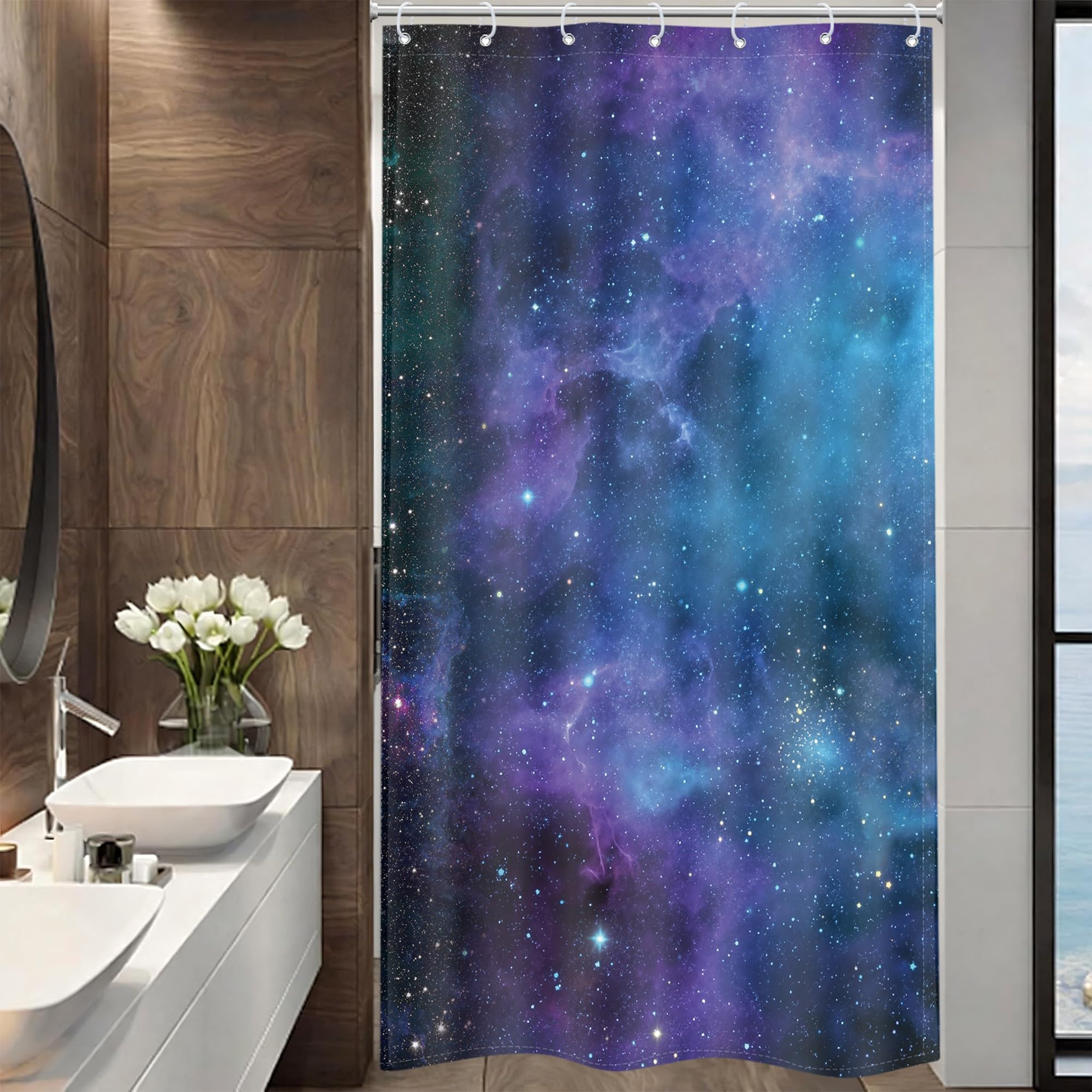 Riyidecor Stall Galaxy Outer Space Star Nebula Shower Curtain 36Wx72H Inch Small Narrow Single Standing 36 inch Shower Curtain Universe Planets Half Fantasy Starry Decor Bathroom Fabric