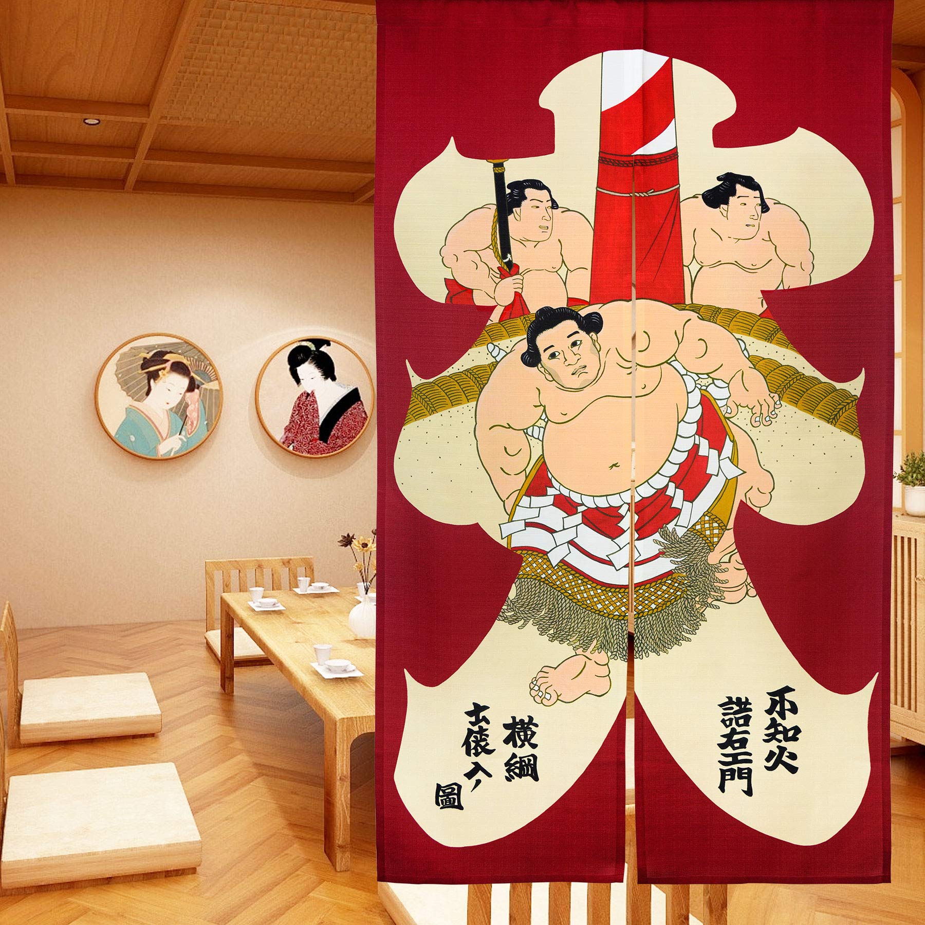 LIGICKY Noren Japanese Style Doorway Curtain Three Sumo Wrestles Printed Window Treatment Door Tapestry for Home Decoration 33.5" Width x 59" Long, Red
