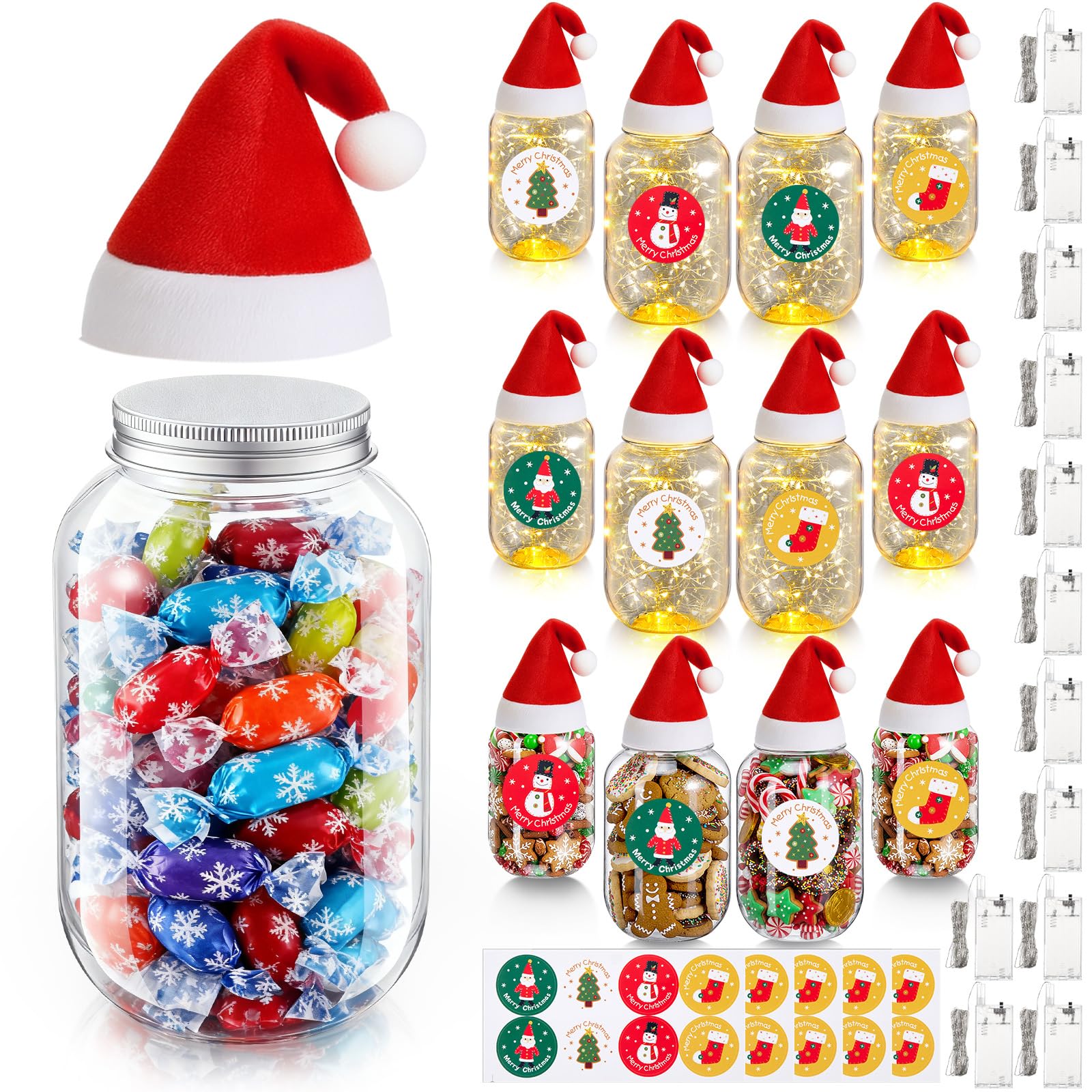 Photo 1 of 12 Sets Christmas Plastic Mason Jars with Lids Christmas Decorations Candy Jar Xmas Gifts with LED Light, Mini Santa Hat, Stickers, Xmas Cookies Containers for DIY Crafts, Party Favors (Large,Small)