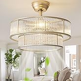 YADZSLY Gold Fandelier Ceiling Fans with Lights, 20" Gold Crystal Chandelier Ceiling Fan with Light Remote Control, Caged Mid