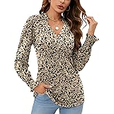 Rapbin Womens V Neck Puff Long Sleeve Button Down Tunic Blouses Fall Tops 2025 Ruffle Cuffs Dressy Casual T-Shirts