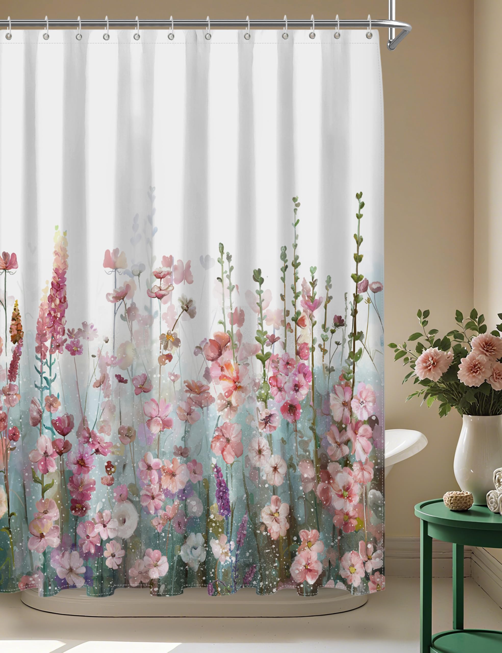 SUMGAR Flower Shower Curtain Colorful Square Bathroom Curtains Modern Fashion Decorative Pink Floral Blossoms Bath Curtains Multicolor Polyester Waterproof with 12 White Curtain Rings, 180x180cm