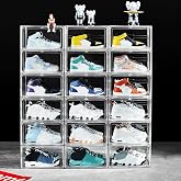 BSFHH 12 Pack Shoe Boxes, Clear Acrylic Stackable Plastic Sneaker Box Container, Magnetic Drop &amp; Side Open Shoe Organizer Case Container With Lids Fits Up to Size 14 (Crystal Clear)