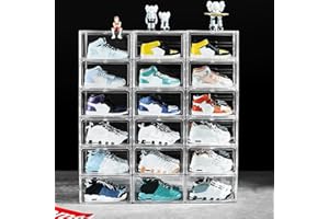 BSFHH 12 Pack Shoe Boxes, Clear Acrylic Stackable Plastic Sneaker Box Container, Magnetic Drop & Side Open Shoe Organizer Case Container With Lids Fits Up to Size 14 (Crystal Clear)