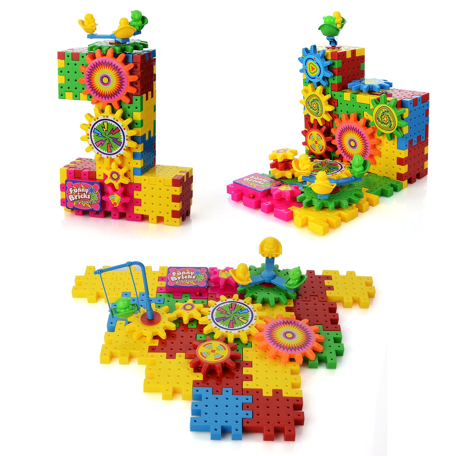 PovKeever Educational Gear Building Blocks Sets Toy Colorful Shapes Puzzle Electric Moving brick Interlocking Learning Blocks Motorized Spinning Gears Toys for Children Kids over 3 Years Old ,81 PCS