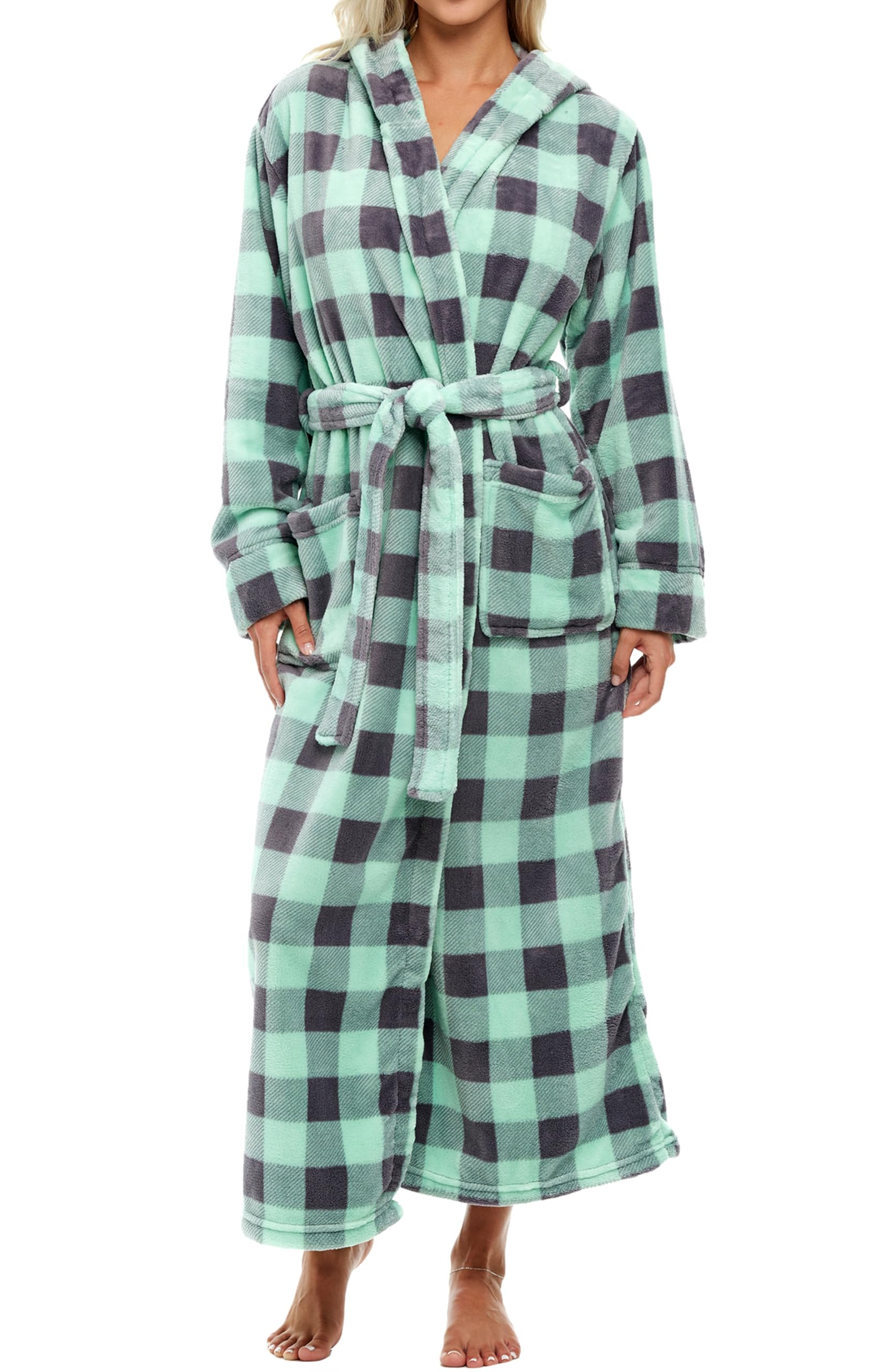 Alexander Del Rossa Womens Robe, Long Plush Bathrobe with Hood, Hooded Robes for Women Plus Size Bath Robe, Buffalo Check Sage Gray Plaid, Medium Image