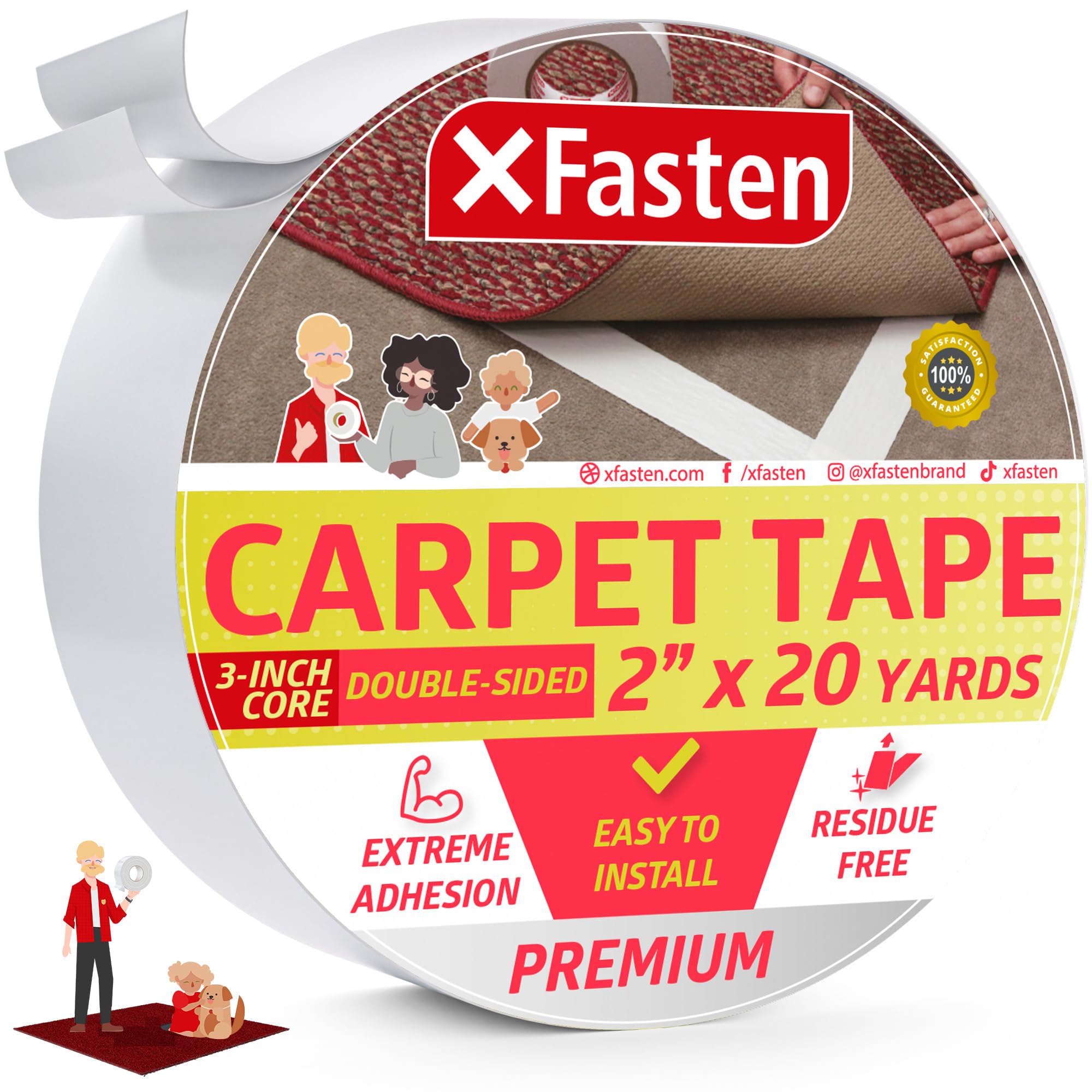 XFasten Double Sided Tape Carpet Tape, Removable, 2 Inches x 20 Yards (Single Roll)