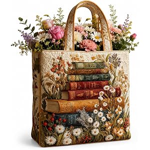 Vintage Book Floral Quilted Tote Bag for Women, Large Lightweight Shoulder Bag with Zipper, Printed Quilt-Style Travel Tote