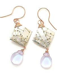 2.25-inch Upcycled Stitched Soda Can Earrings with Copper Wire and Lavender Czech Glass Drops