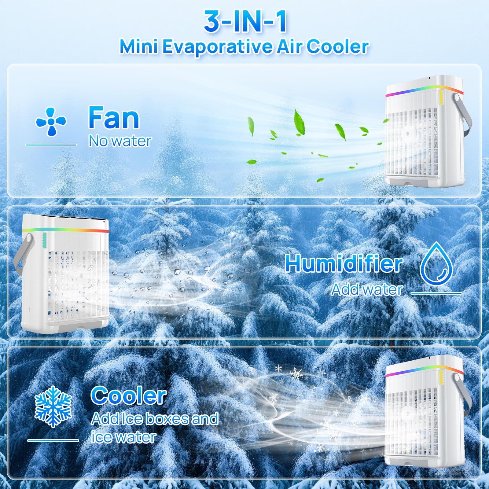 Portable Air Conditioners, Mini Air Conditioner, Personal Air Conditioner, AC Unit Cooling Fan with Remote Control, 3 Speed, 3 Mist, 7 Light,1-3H Timer, Evaporative Air Cooler Fan for Bedroom Office