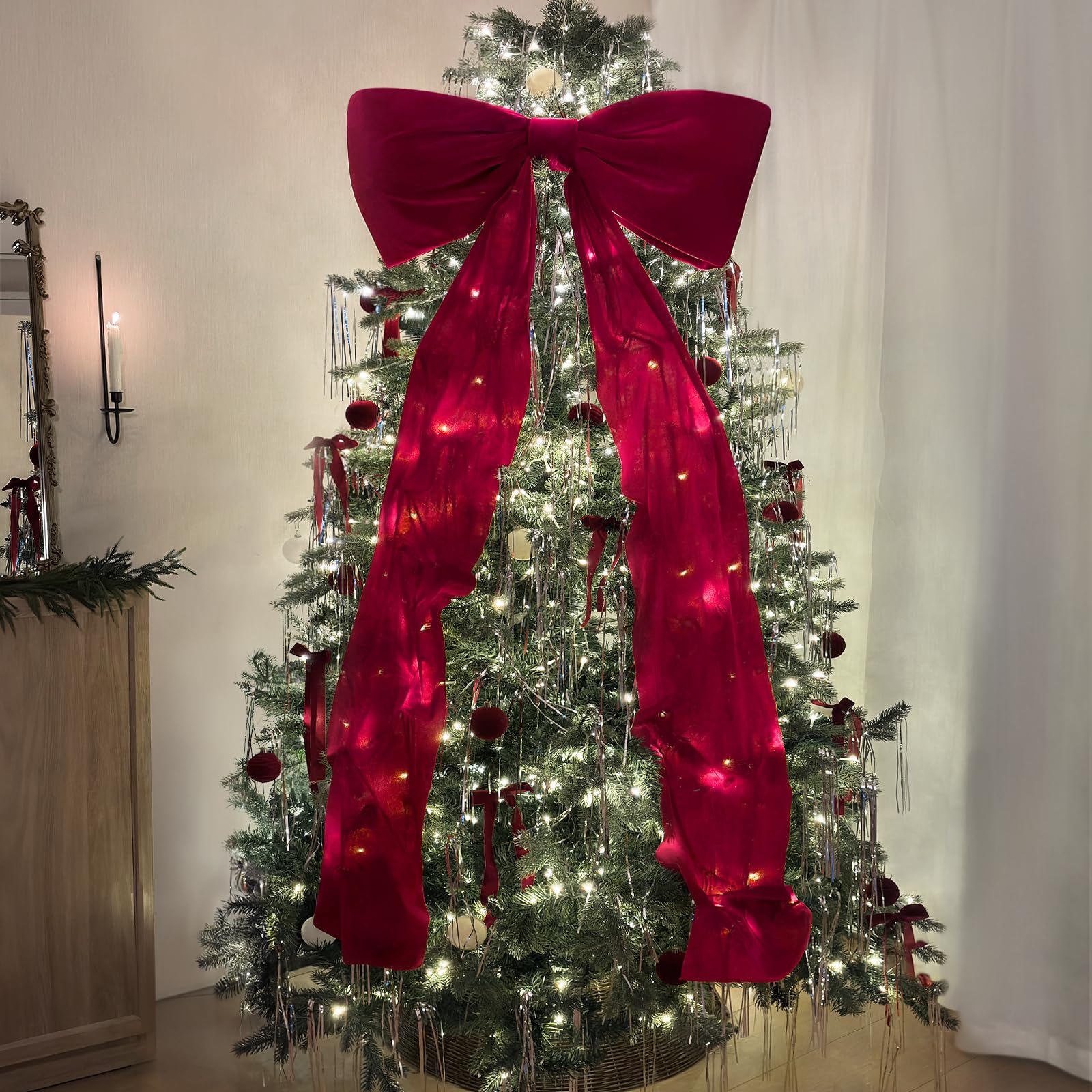 Photo 1 of Christmas Decorations - Christmas Decor - 6 Ft Giant Bows for Christmas Tree - Big Red Velvet Bow for Tree Topper Window Wall Mantle - Indoor Home Room Party Valentines Xmas Decoration