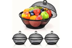 Hacaroa 4 Pack Mesh Fruit Bakset with Lid, 10 Inch Wire Food Cover Protective Produce Holder Covered Fruit Bowl, Metal Vegeta