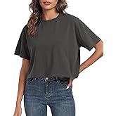 PRIMODA Women's Oversized Workout Cropped T Shirts Crew Neck Short Sleeve Casual Loose Summer Crop Tee Tops Cotton