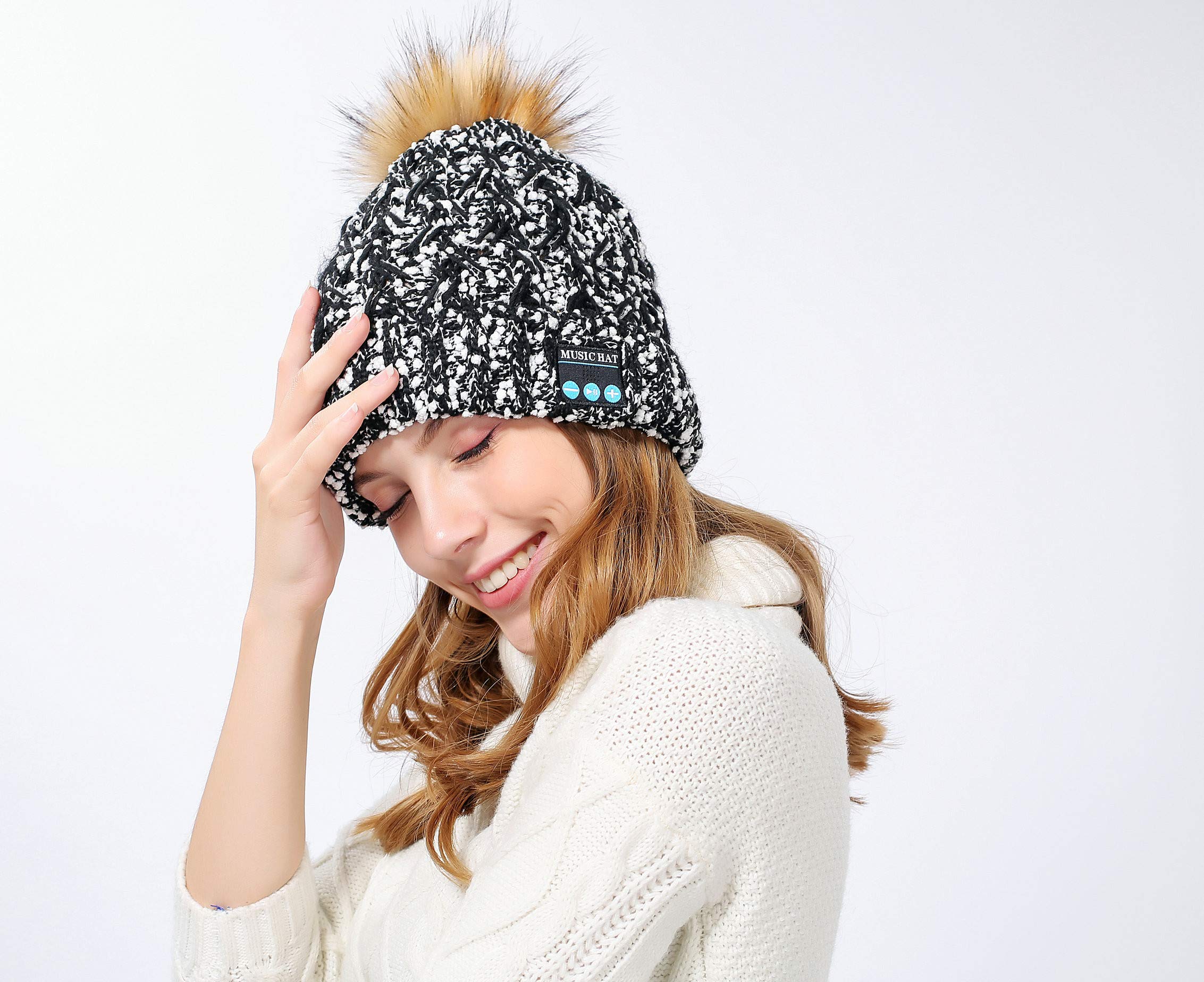 Bluetooth Beanie Hat with Tassel for Sony Xperia 10 Plus Smartphone with Built-In Earphones Adjustable Buttons Universal Winter Grey