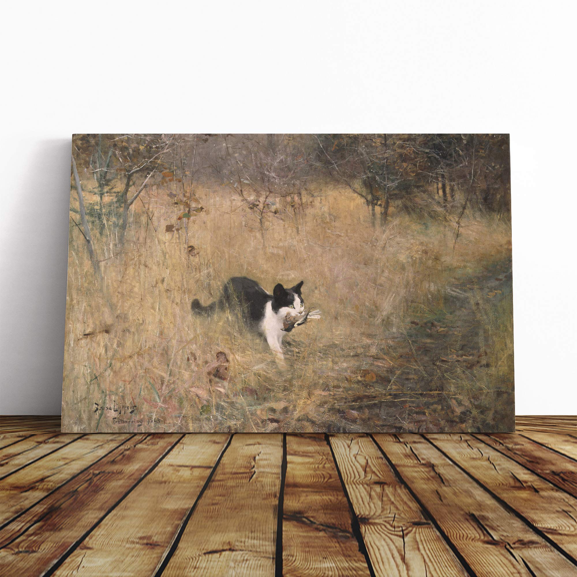 Bruno Liljefors Cat with Bird Canvas Print | Gallery Wrapped 30mm Frame Wall Art | 20x14 inches | Ready to Hang | Modern Animals Picture | Living Room Bedroom Lounge Office
