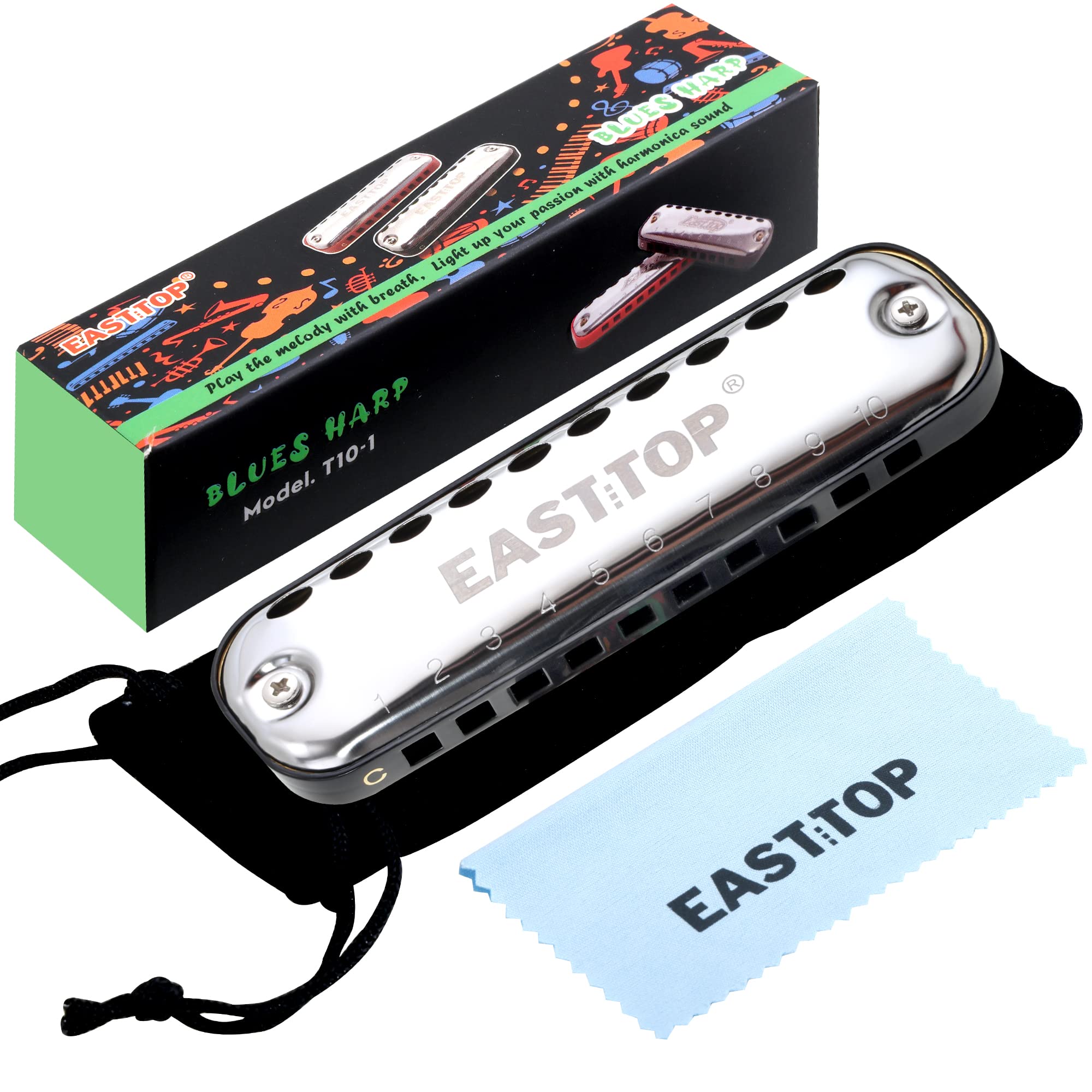 East top Harmonica,Smoothly Rounded Edge 10 Holes C Key Blues Mouth Organ Harmonica for Students as Gift,with Fabric Cloth Pouch, Colorful Box