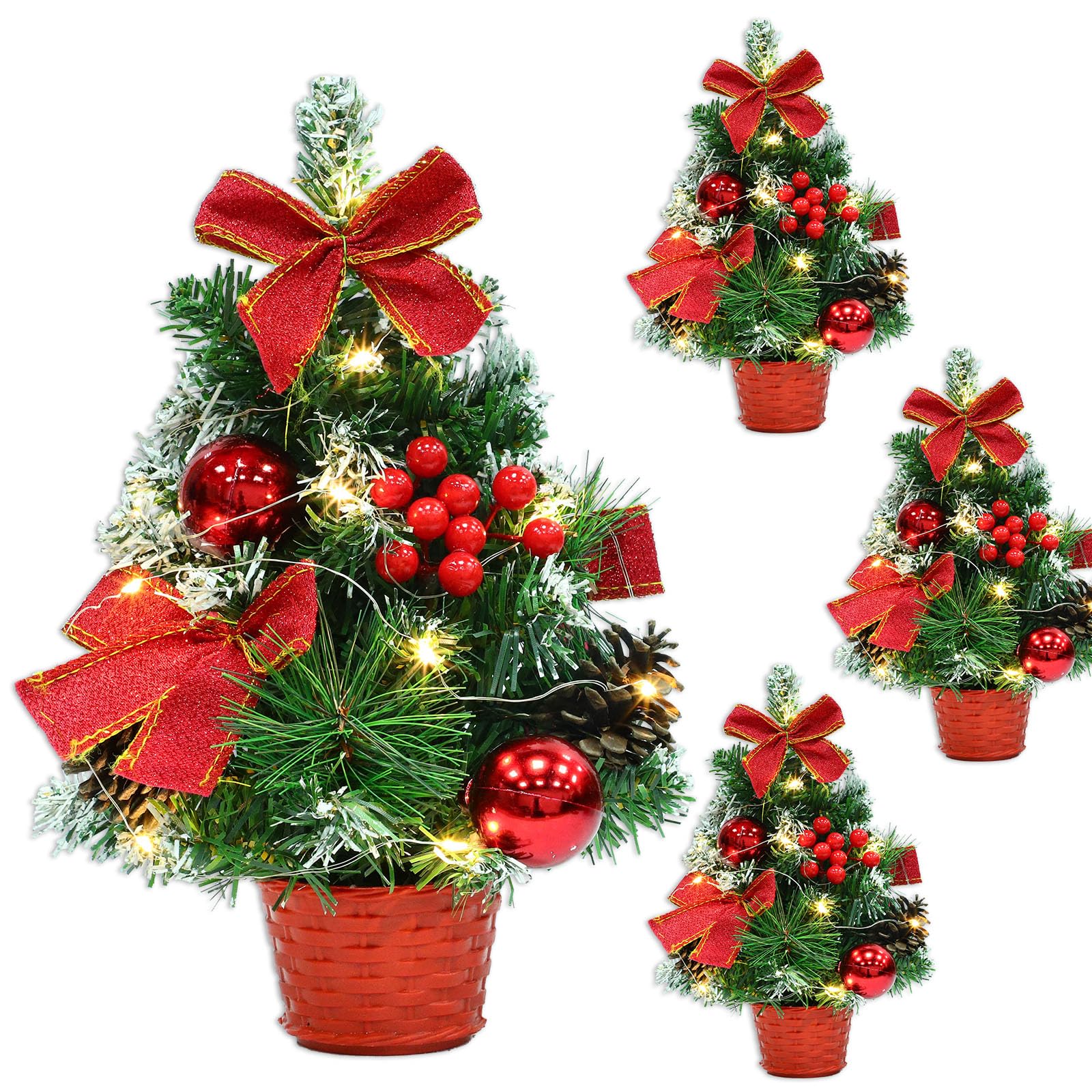 Photo 1 of 4 Pack 12 Inch Mini Christmas Trees with Lights Table Top Christmas Tree for Office in Basket Base Snowy Red Bows Berries Christmas Decorations Miniature Christmas Tree Tabletop Desk Home Decor