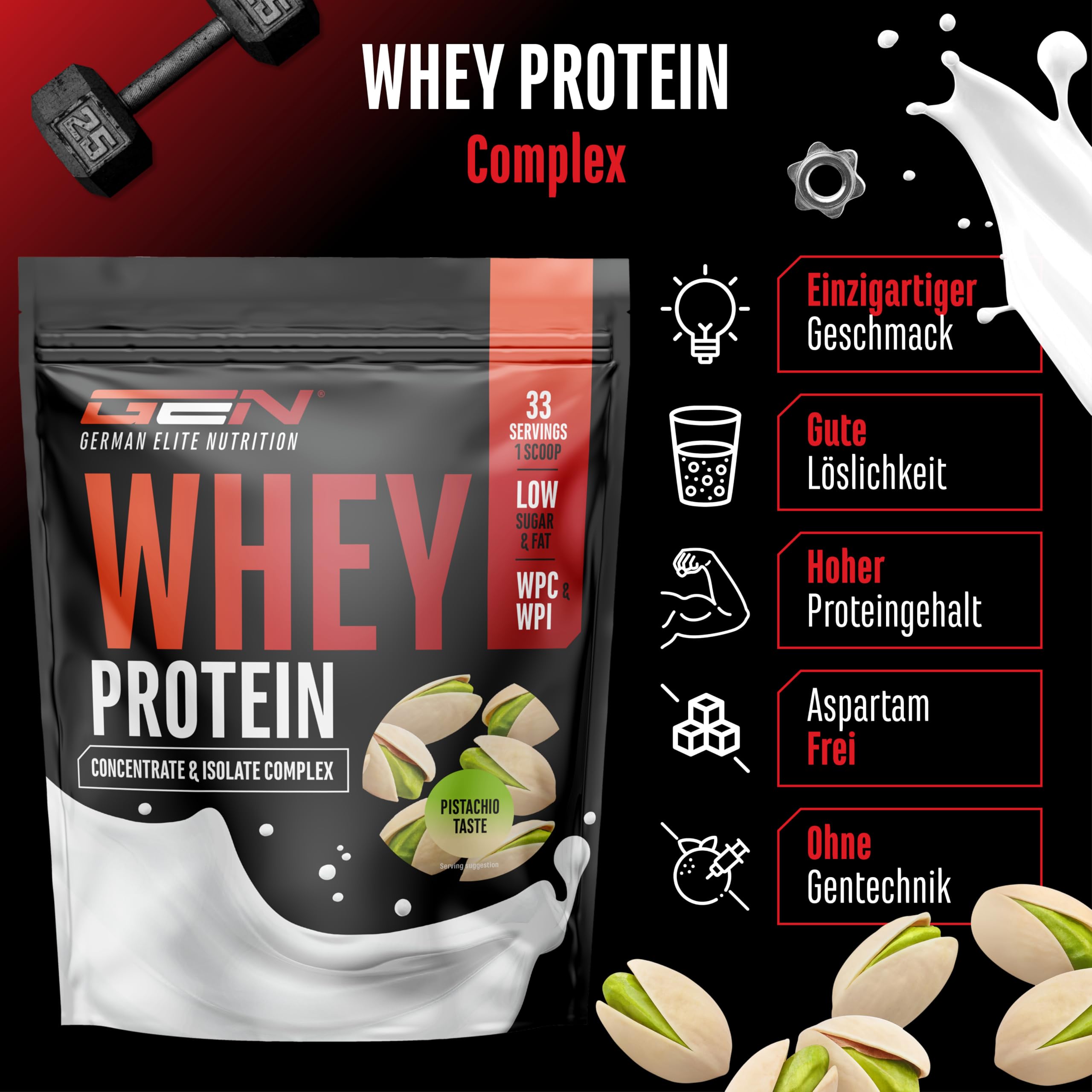 Whey Protein Pulver - 1000 g (Pistazie) - Mit Isolate Anteil - bis zu 22 g Protein pro Portion - Instant lösliches Eiweiß Protein Pulver mit BCAA & EAA 3
