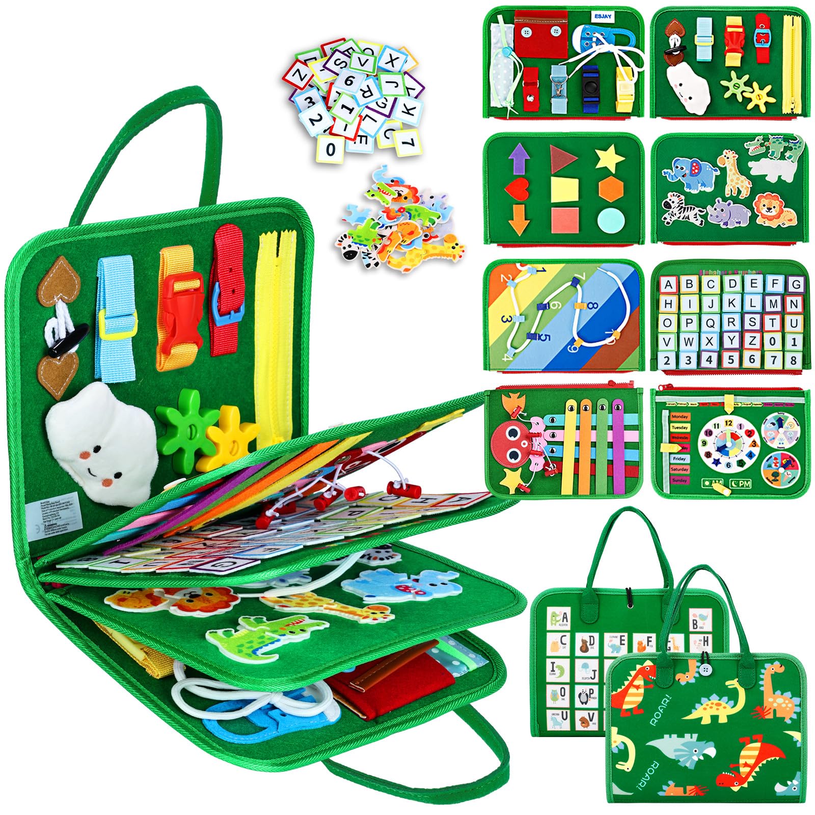 Esjay Busy Board Montessori Toys for Boys and Girls, Sensory Book Educational Activities for Learning Fine Motor Skills, Birthday Gifts, Travel Toys for Airplane Car, Green Multipages