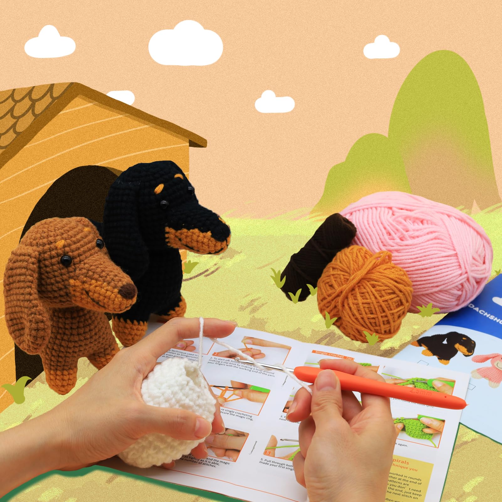 Nikolle Crochet Kit for Beginners with Step-by-Step Video Tutorials Crochet Animal Kit Crochet Starter Kits for Adults Kids - Dachshund(Brown)