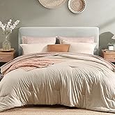 Monbix Queen Comforter Set - 7 Pieces Oatmeal Prewashed Bed in a Bag Queen Bedding Sets with Comforters, All Seasons Ultra Soft Comforter Bed Set with Sheets,Pillowcases & Shams