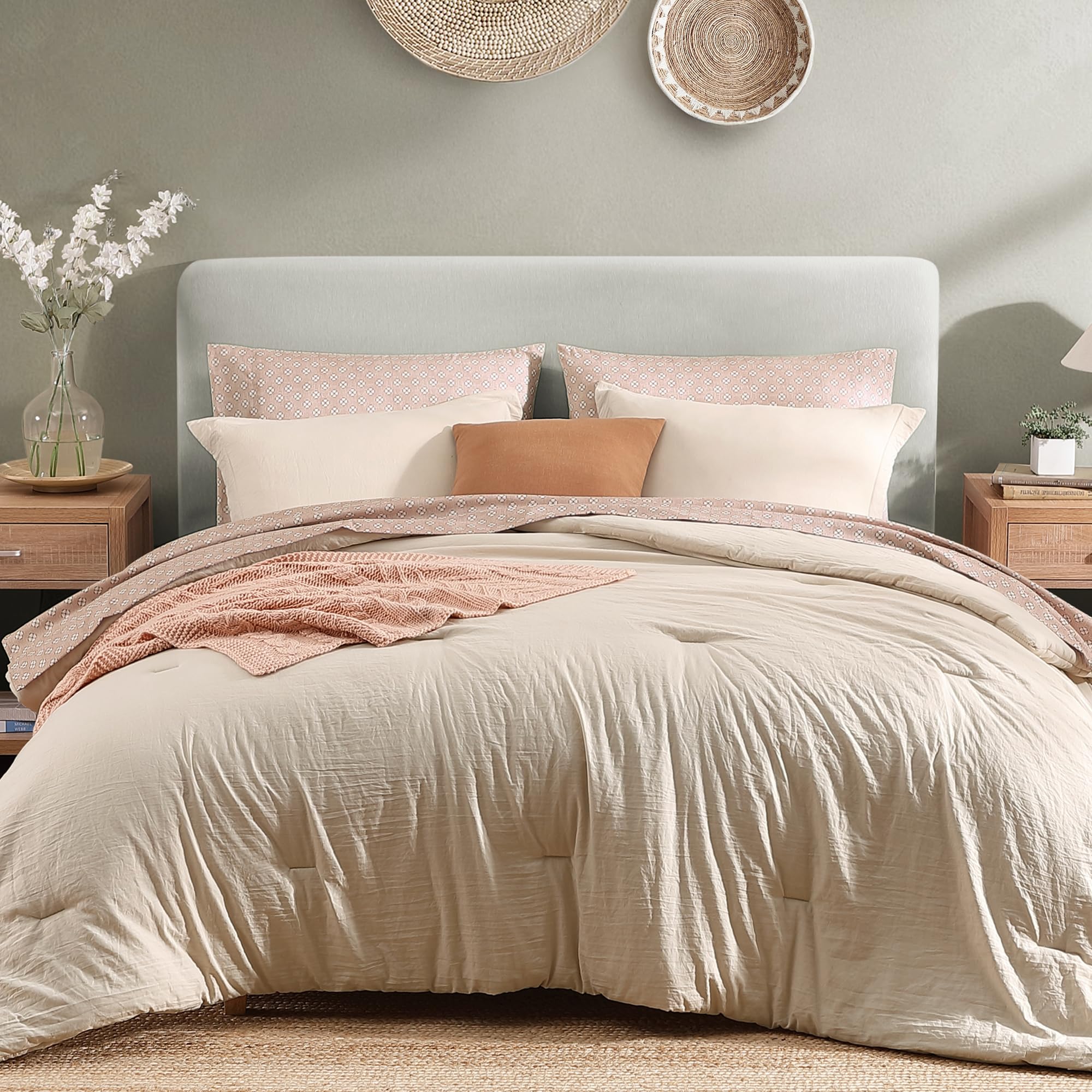 Photo 1 of Monbix Queen Comforter Set - 7 Pieces Beige Prewashed Bed in a Bag Queen Bedding Sets with Comforters, All Seasons Down Alternative Comforter Bed Set with Sheets,Pillowcases & Shams