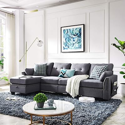HONBAY Reversible L-Shape Sectional Sofa Couch, Dark Grey