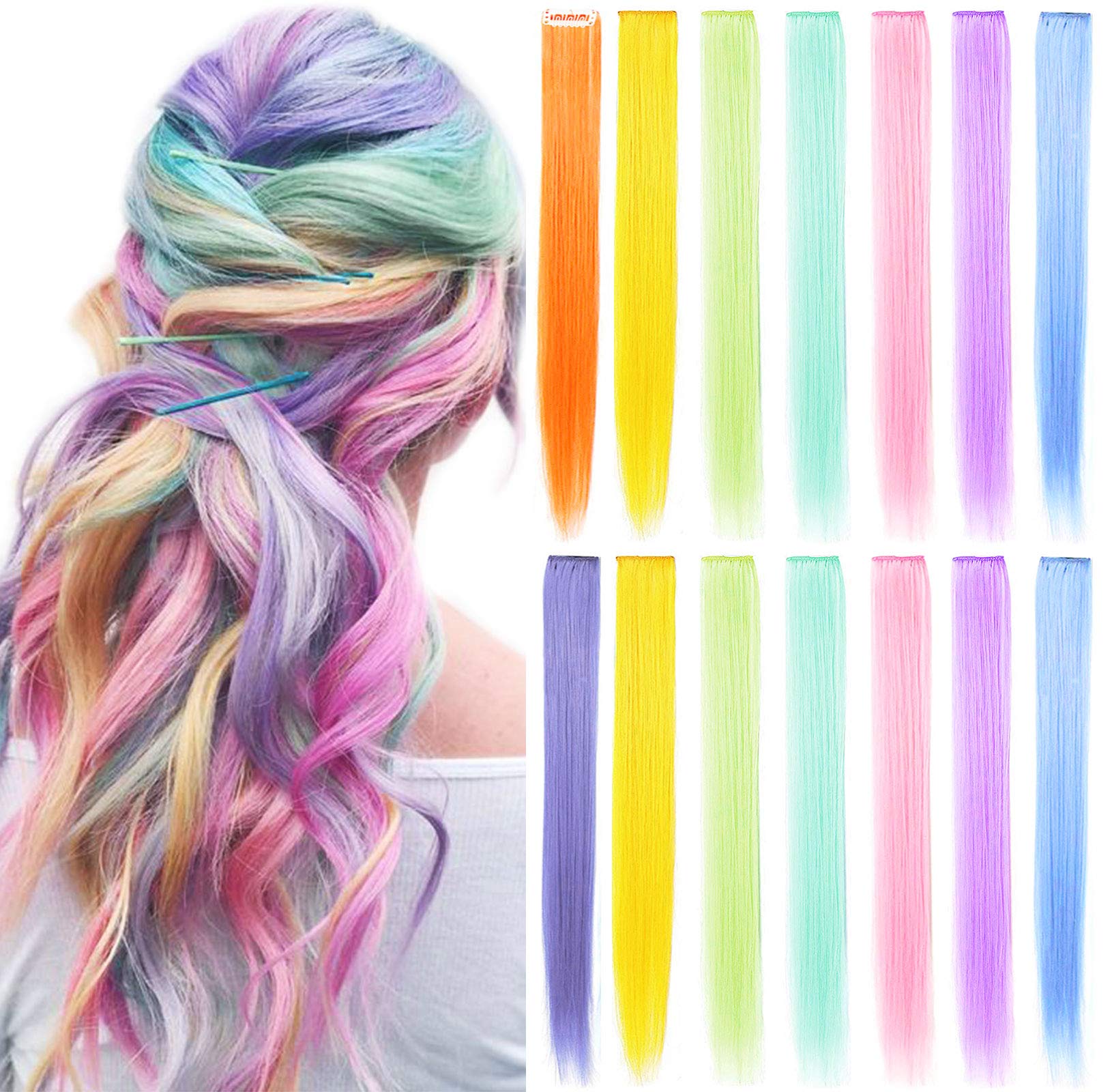 MOSCSMDY 14 Pcs Colored Hair Extensions Clip 20 Inch Colorful in Hair Extensions Straight Synthetic Hairpieces Cosplay Fashion Party Hair Accessories(Color)