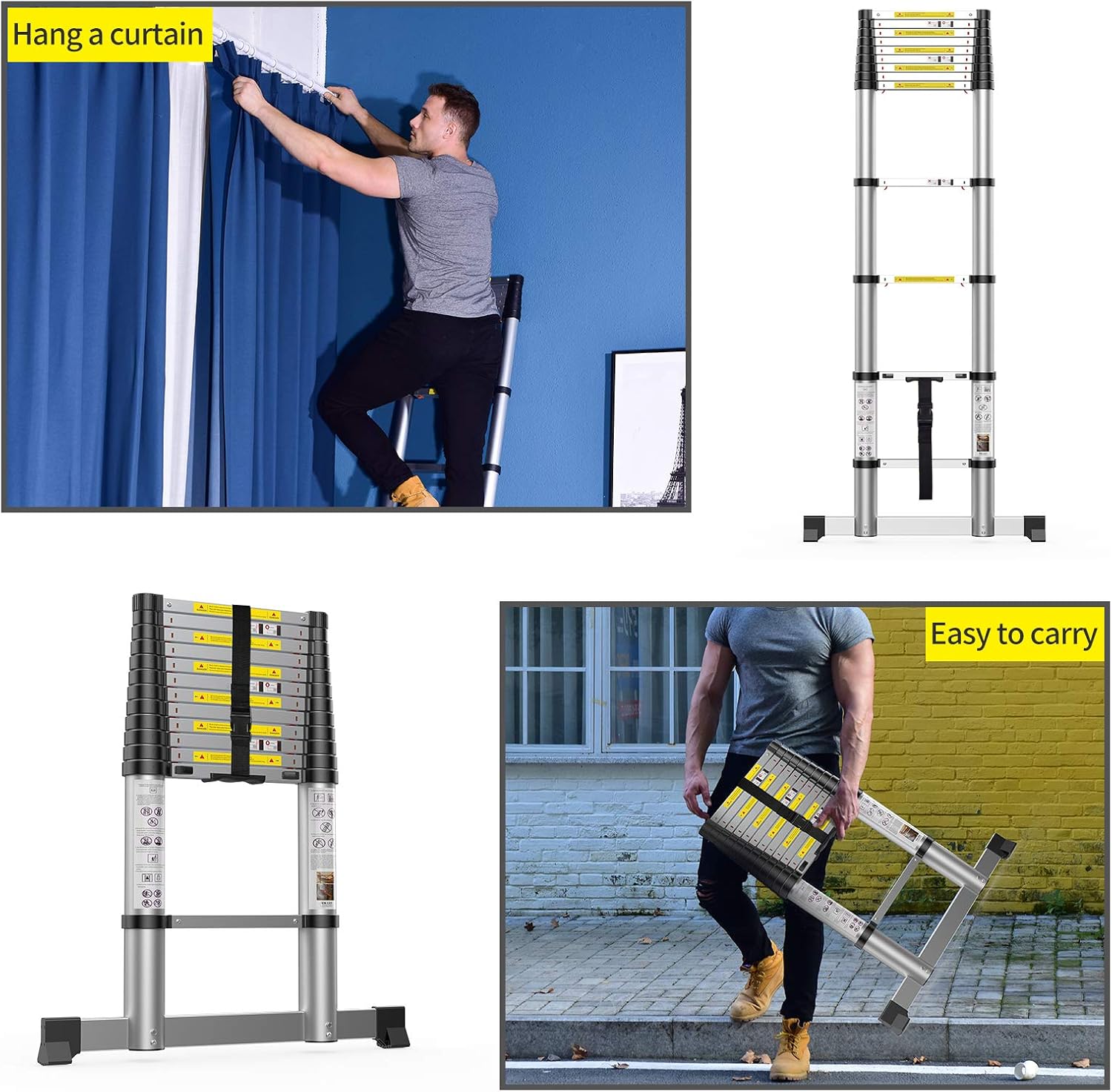 Telescoping Extension Ladder 12.5FT, Newly Aluminum Telescopic Ladder with Slow Down Design for Commercial or Home Use - - 