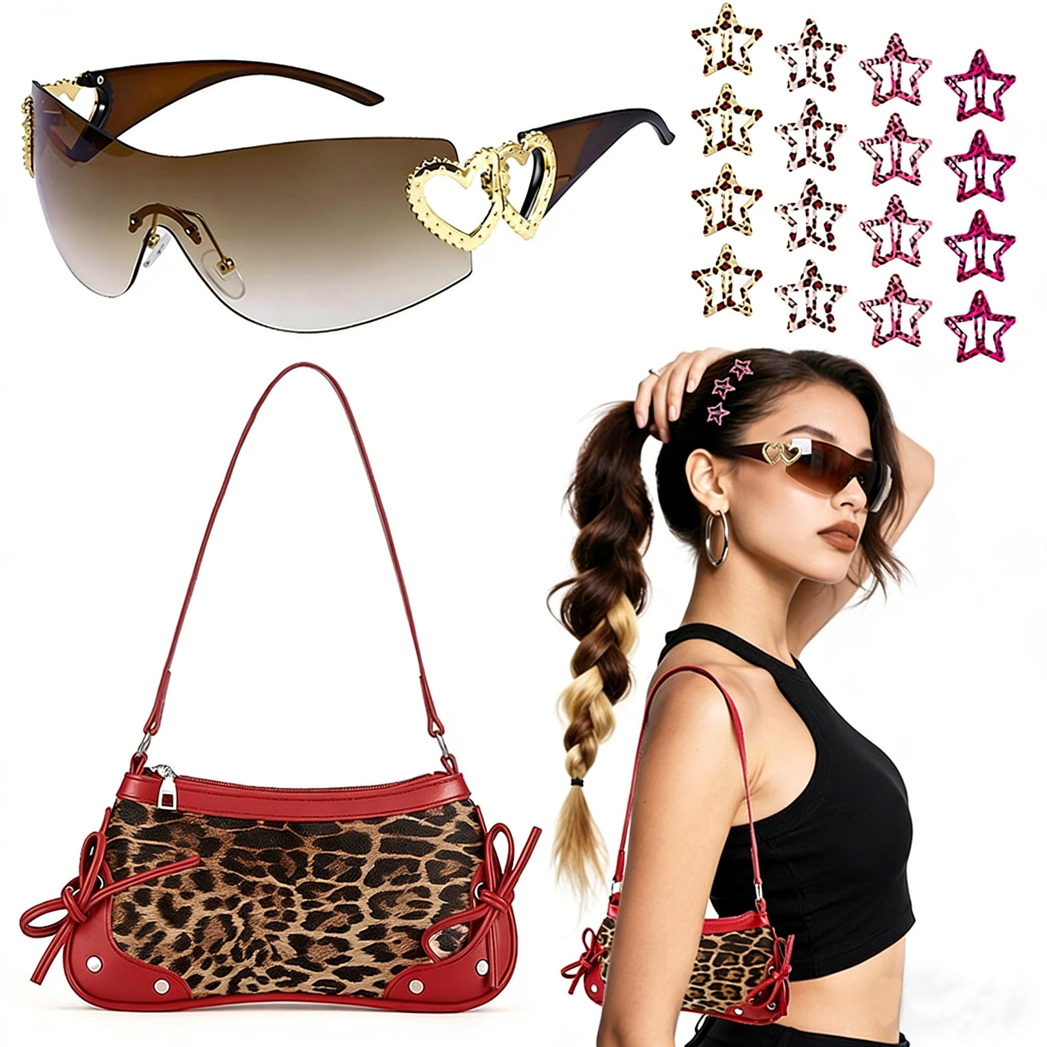Photo 1 of JATEBI Y2K Accessories Set 18-Piece Include Y2k Leopard Shoulder Bag Retro Sunglasses & 16 Hair clip for Woman, Grunge Aesthetic Festival Gift