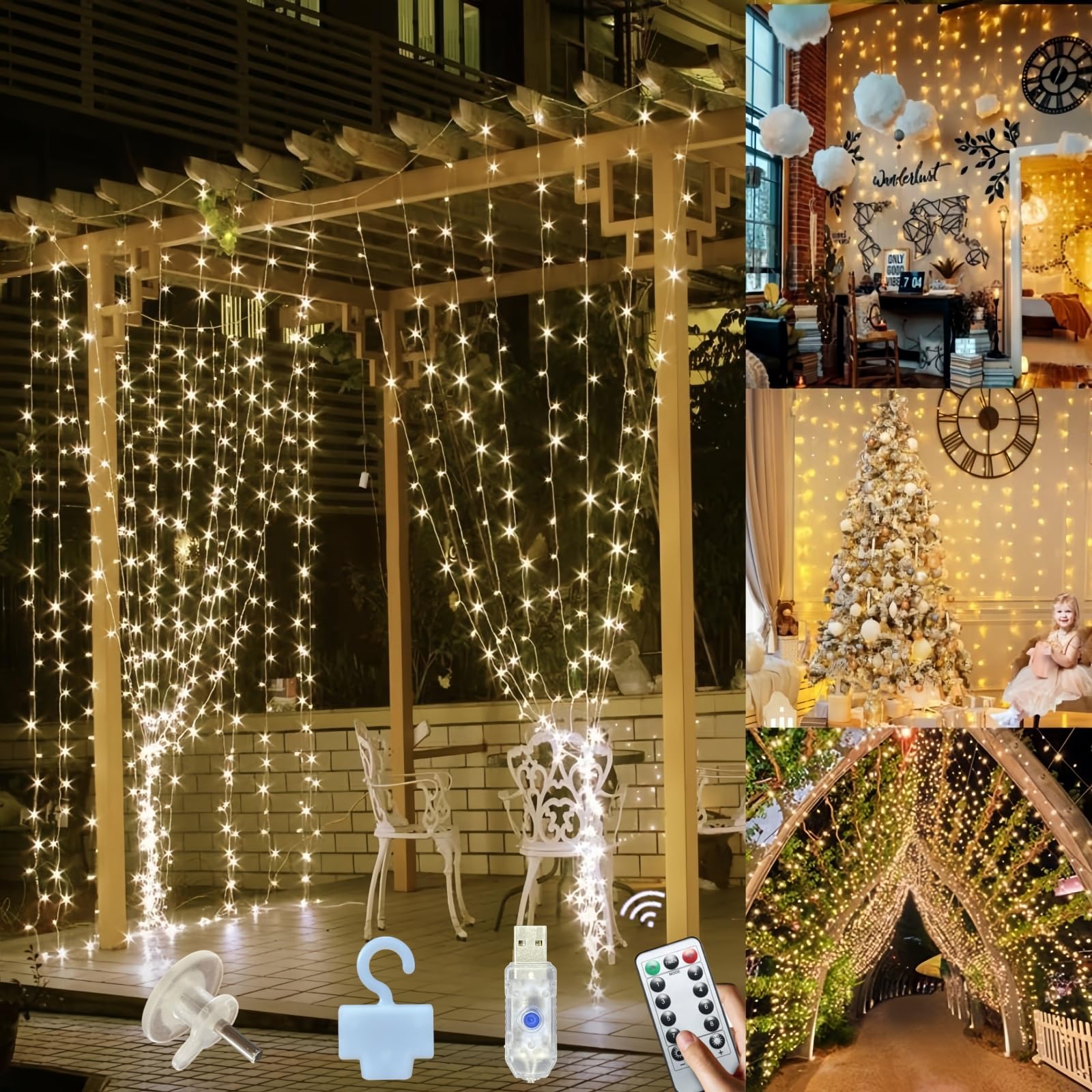 Jonurphy Light Curtain, 3 x 3 m, 300 LEDs, USB Fairy Lights Curtain, 8 Modes with 10 Hooks, Remote Control and Timer, Fairy Lights Curtain for Christmas, Wall, Room, Bedroom, Indoor, Outdoor