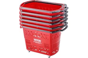 VEVOR Shopping Carts with Handles, 6PCS, 39L Plastic Rolling Shopping Basket with Wheels, Large Portable Shopping Basket Set for Supermarkets, Retail Stores, Grocery Shopping, Red