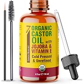 Seven Minerals Organic Castor Oil with Jojoba &amp; Vitamin E for Eyelashes, Eyebrows, Face &amp; Hair Growth - Glass Bottle, Cold Pressed &amp; Hexane Free - Hydrates &amp; Boosts Natural Hair Growth - 4 fl oz