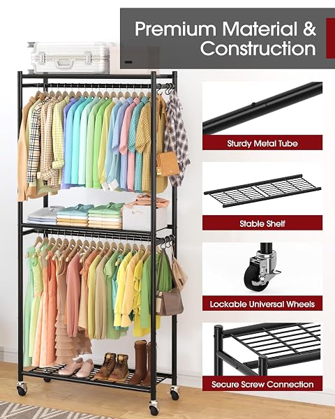 SAKUGI CLOTHES RACK – 33.0″ X 12.2″ X 79.5″ CLOTHING RACK WITH SHELVES & WHEELS, MULTI-FUNCTIONAL WARDROBE CLOSET WITH HOOKS, STURDY METAL GARMENT RACK FOR BEDROOM, LAUNDRY, BALCONY (BLACK)
