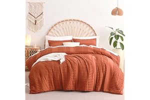 Litanika King Size Comforter Terracotta, Boho Tufted Comforter with Burnt Orange Jacquard Pom, Dots Shabby Chic Bed Set, Rust Lightweight Bedding 3 Pieces for All Season(104x90 inches)