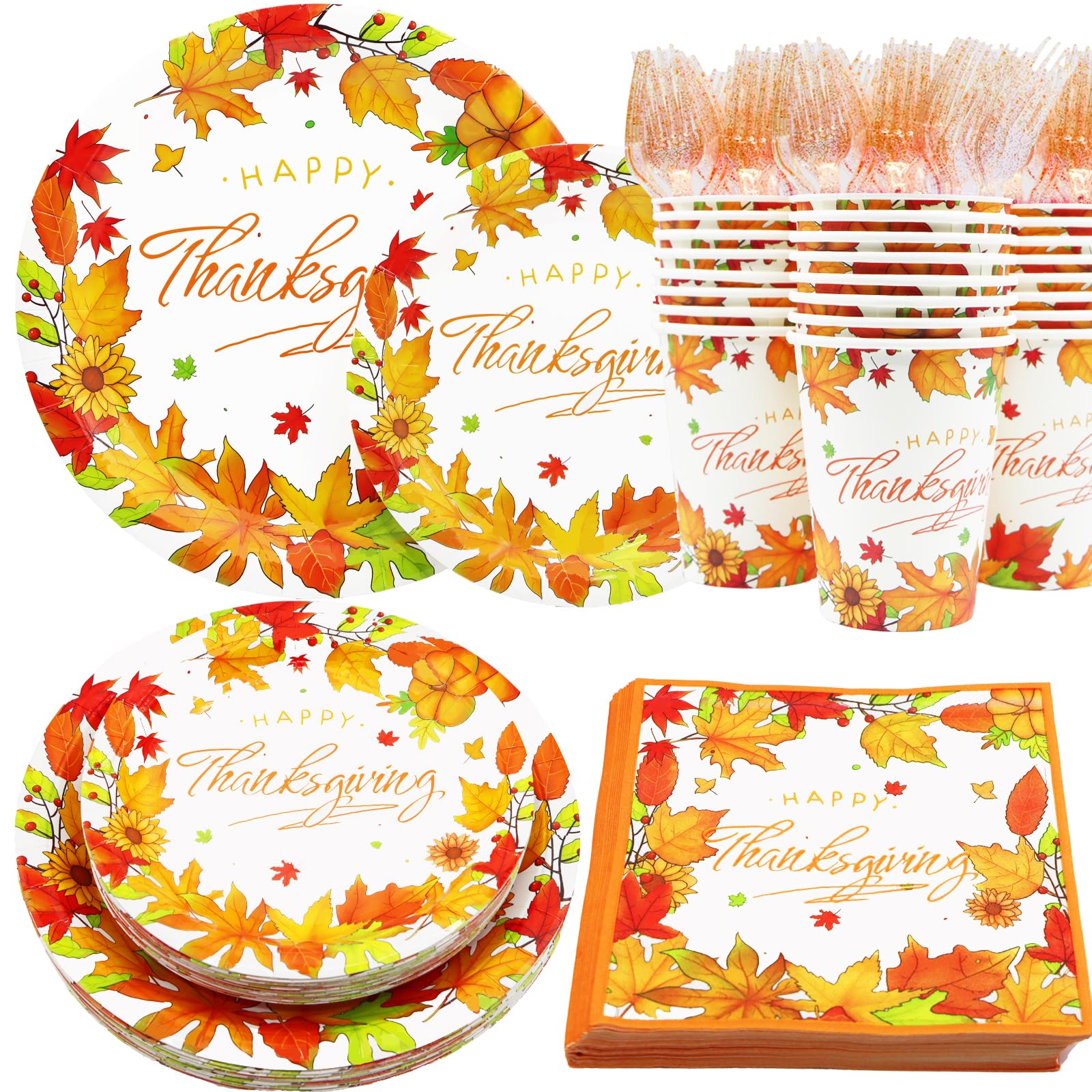Photo 1 of Decodinli Thanksgiving Paper Plates and Napkins Sets Thanksgiving Decorations Party Supplies Serves 25 - Fall Disposable Tableware Set with Plates, Cups and Napkins